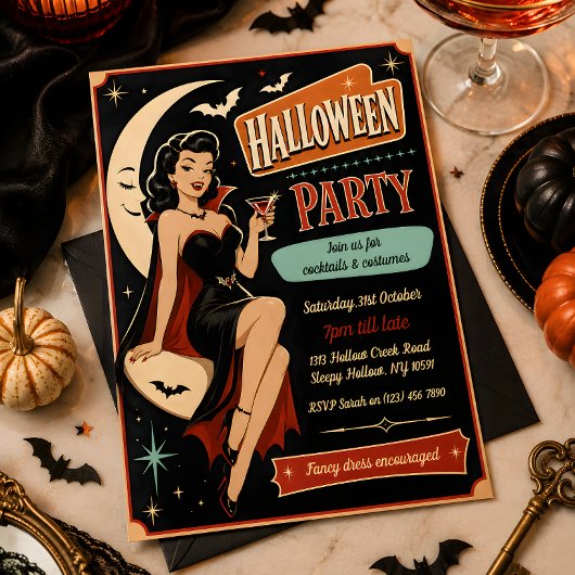 Retro Pin-Up Vampier Halloween Feest Uitnodiging