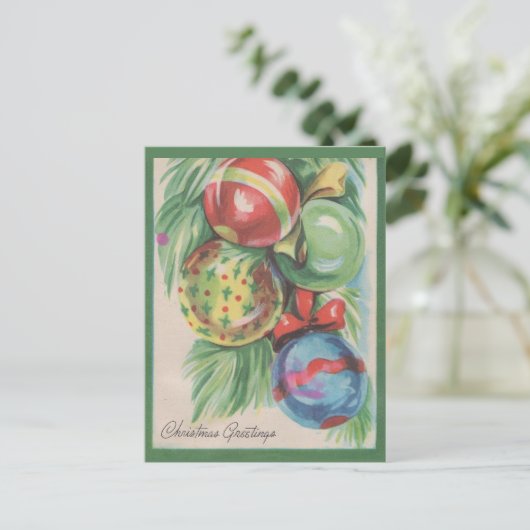 Retro Pine Branch Ball-kerstgroeten Feestdagenkaart (Staand voorkant)