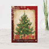 Retro Pine Tree Presents Snowflakes Red Feestdagen Kaart (Voorkant)