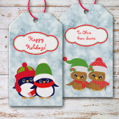 Retro Pinguïn en Uil Baby's Kerstmis Cadeaulabel