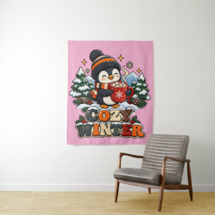 Retro Pinguïn Knus Winter Wandtapijt Wandkleed