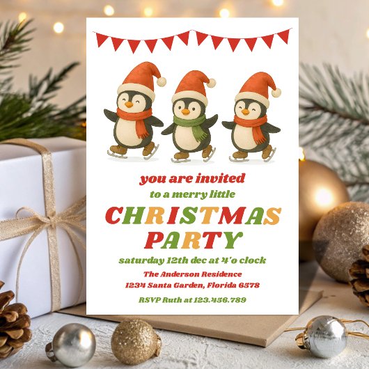Retro Pinguïns Bewerkbare Kerstfeest Kaart