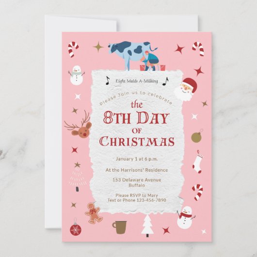 Retro Pink 8th Day Christmas Mid-Century Holiday Kaart (Voorkant)