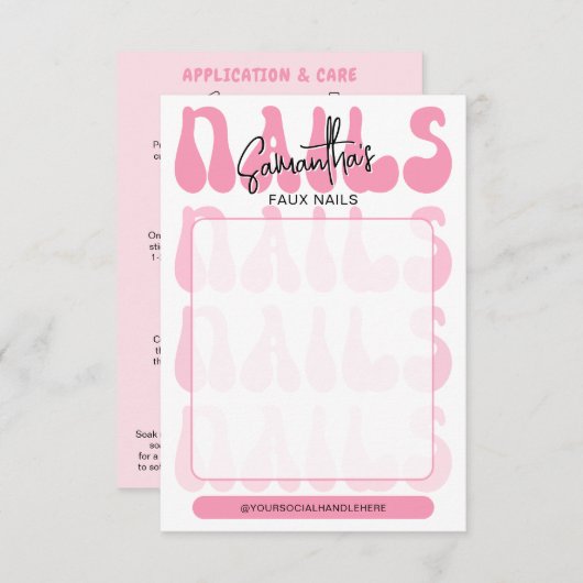 Retro Pink Acrylic Nails Care Guide Display Cards (Voorkant / Achterkant)
