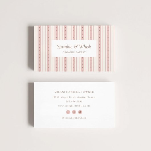 Retro Pink And Brown Heart Stripes Bakery Visitekaartje