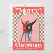 Retro Pink and Green Christmas Check Flat Card Feestdagenkaart (Voorkant)