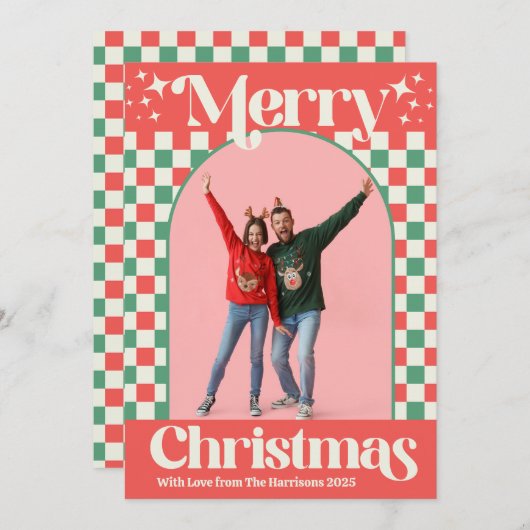 Retro Pink and Green Christmas Check Flat Card Feestdagenkaart (Voorkant / Achterkant)