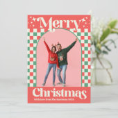 Retro Pink and Green Christmas Check Flat Card Feestdagenkaart (Staand voorkant)