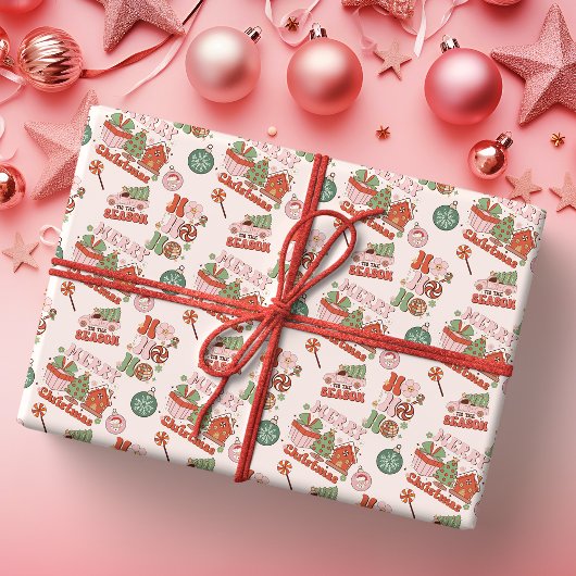 Retro Pink and Green Holiday Joy Cadeaupapier