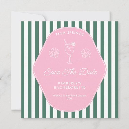 Retro Pink and Green Stripes Beverly Hills Save The Date (Voorkant)