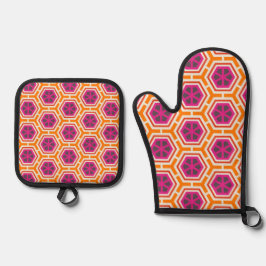 Retro Pink and Orange Modern Geometric Pattern Ovenwant & Pannenlap Set
