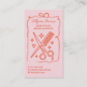 Retro Pink and Red Doodles Hair Stylist QR Code Visitekaartje (Voorkant)