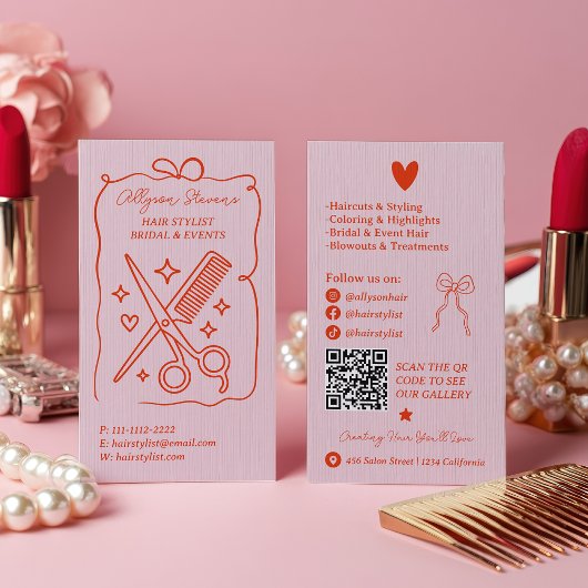 Retro Pink and Red Doodles Hair Stylist QR Code Visitekaartje