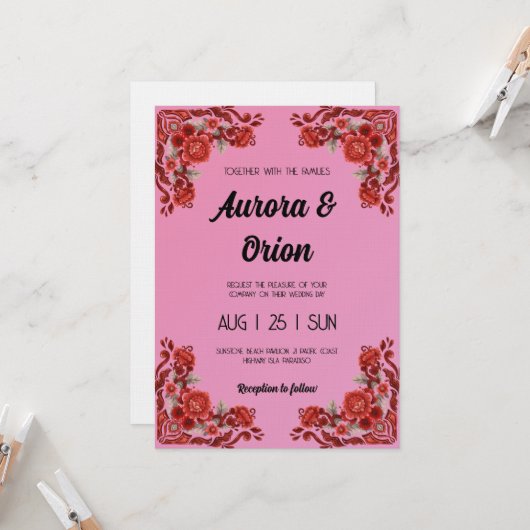 retro pink and red wedding invitation kaart (Voorkant / Achterkant in situ)