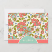 Retro Pink & Aqua Floral Custom Flat Note Kaart Notitiekaartje (Voorkant)