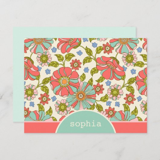 Retro Pink & Aqua Floral Custom Flat Note Kaart Notitiekaartje (Voorkant / Achterkant)