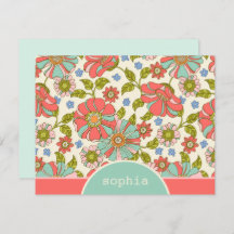 Retro Pink & Aqua Floral Custom Flat Note Kaart