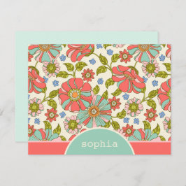 Retro Pink & Aqua Floral Custom Flat Note Kaart Notitiekaartje