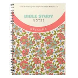 Retro Pink & Aqua Floral Personalized Notitieboek