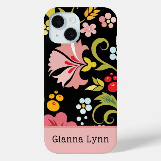 Retro Pink Black Floral Monogrammed Case-Mate iPhone Case (Achterkant)