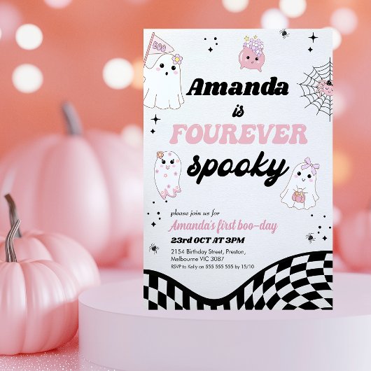 Retro Pink Black Fourever Spooky 4e verjaardag Kaart