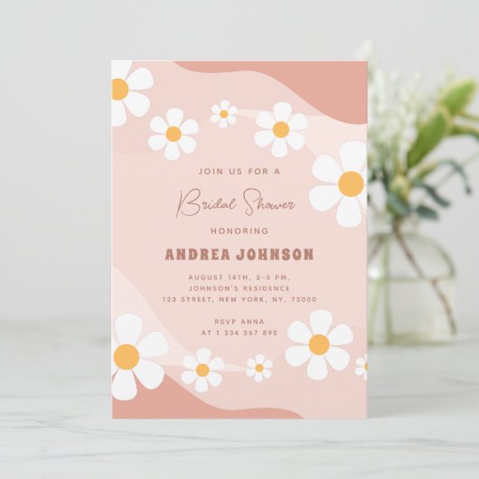 Retro Pink Boho Daisy Floral Script Vrijgezellenfe Kaart (Staand voorkant)