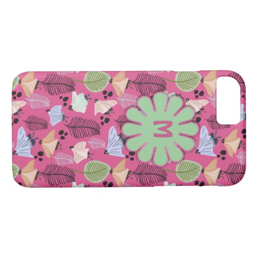 Retro Pink Botanical Flowers Monogram Case-Mate iPhone Case (Achterkant (Horizontaal))