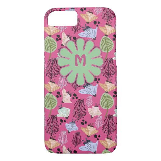 Retro Pink Botanical Flowers Monogram Case-Mate iPhone Case (Achterkant)