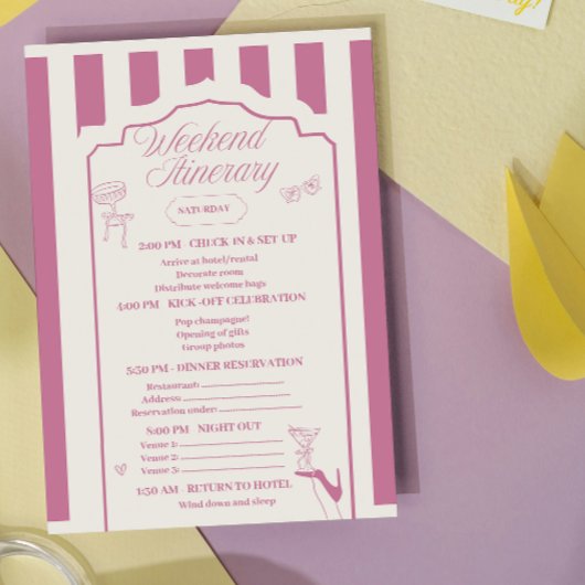 Retro Pink Bow & Martini Bachelorette & Reisschema Kaart