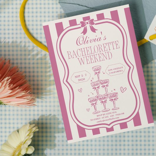 Retro Pink Bow & Martini Bachelorette & Reisschema Kaart
