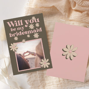 Retro Pink Brown Foto Groovy Bridesmaid Voorstel Kaart