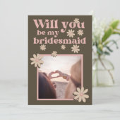Retro Pink Brown Foto Groovy Bridesmaid Voorstel Kaart (Staand voorkant)