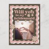 Retro Pink Brown Foto Wavey Bridesmaid Voorstel Briefkaart (Voorkant)