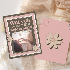 Retro Pink Brown Foto Wavey Bridesmaid Voorstel Briefkaart