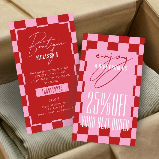 Retro Pink Business Next Order Discount Voucher Visitekaartje