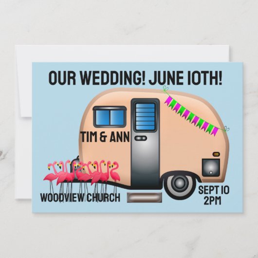RETRO PINK CAMPER UNIQUE WEDDING INVITATIONS KAART (Voorkant)