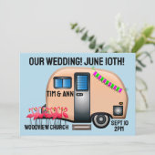 RETRO PINK CAMPER UNIQUE WEDDING INVITATIONS KAART (Staand voorkant)
