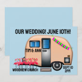RETRO PINK CAMPER UNIQUE WEDDING INVITATIONS KAART (Voorkant / Achterkant)