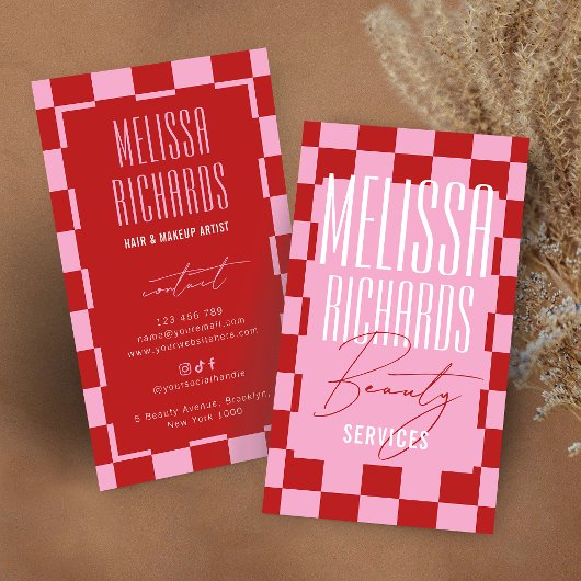 Retro Pink Checkered Aesthetician Lashes Salon Visitekaartje
