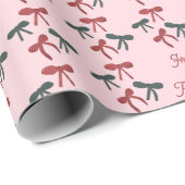 Retro Pink Christmas Bows Personalized Coquette Cadeaupapier (Rol Hoek)