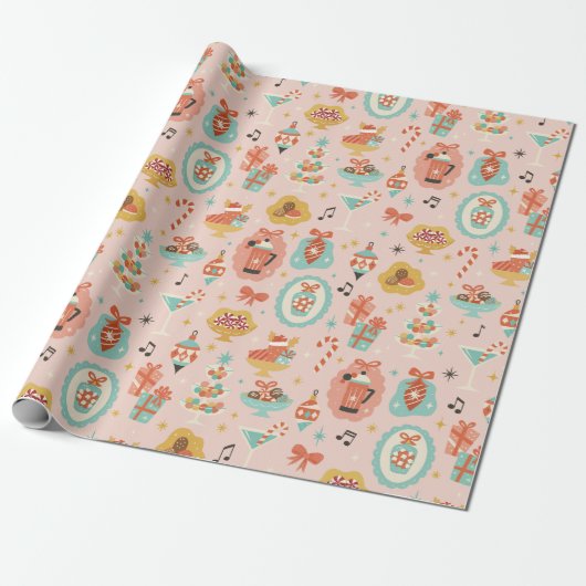 Retro Pink Christmas Wrapping Paper Roll Cadeaupapier (Uitgerold)