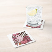 Retro Pink Coquette Ghost Girl with Bow Halloween Kartonnen Onderzetters (Insitu)