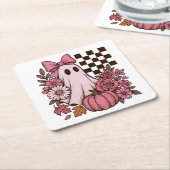 Retro Pink Coquette Ghost Girl with Bow Halloween Kartonnen Onderzetters (Schuin)