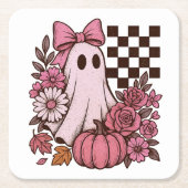 Retro Pink Coquette Ghost Girl with Bow Halloween Kartonnen Onderzetters (Voorkant)
