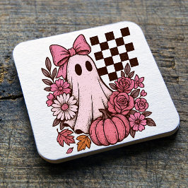 Retro Pink Coquette Ghost Girl with Bow Halloween Kartonnen Onderzetters