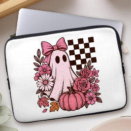 Retro Pink Coquette Ghost Girl with Bow Halloween Laptop Sleeve