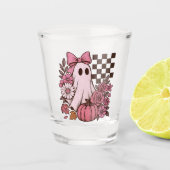 Retro Pink Coquette Ghost Girl with Bow Halloween Shot Glas (Voorkant)