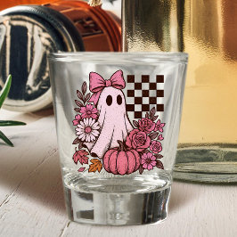 Retro Pink Coquette Ghost Girl with Bow Halloween Shot Glas