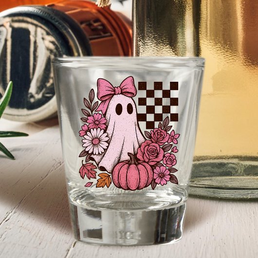 Retro Pink Coquette Ghost Girl with Bow Halloween Shot Glas