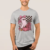 Retro Pink Coquette Ghost Girl with Bow Halloween Tri-Blend Shirt (Voorkant)